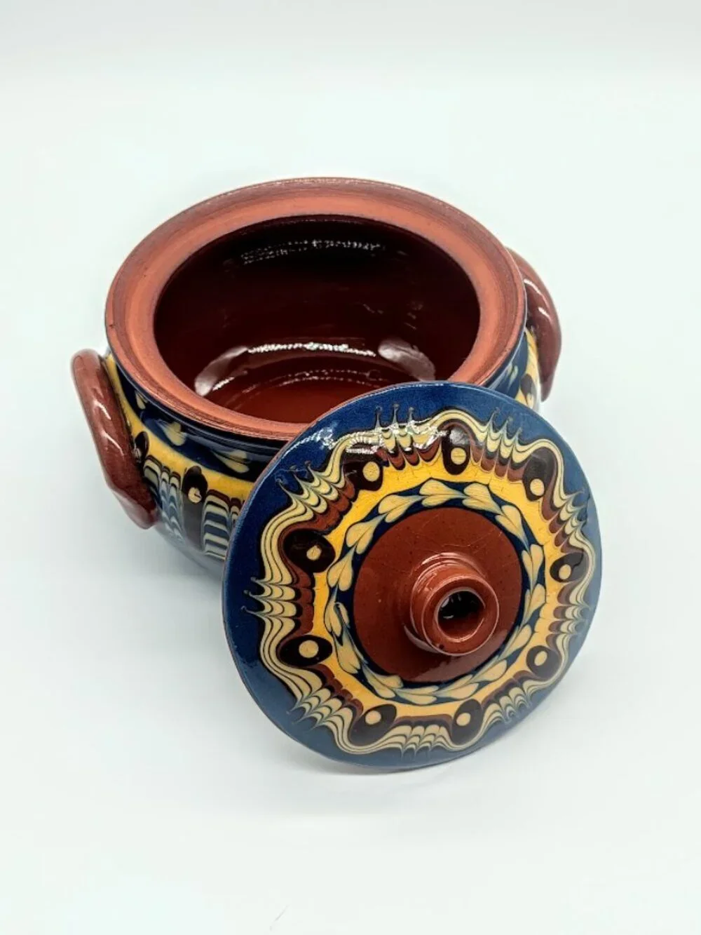 Bulgarian Troyan Glazed Terracotta Clay Covered Round Pot